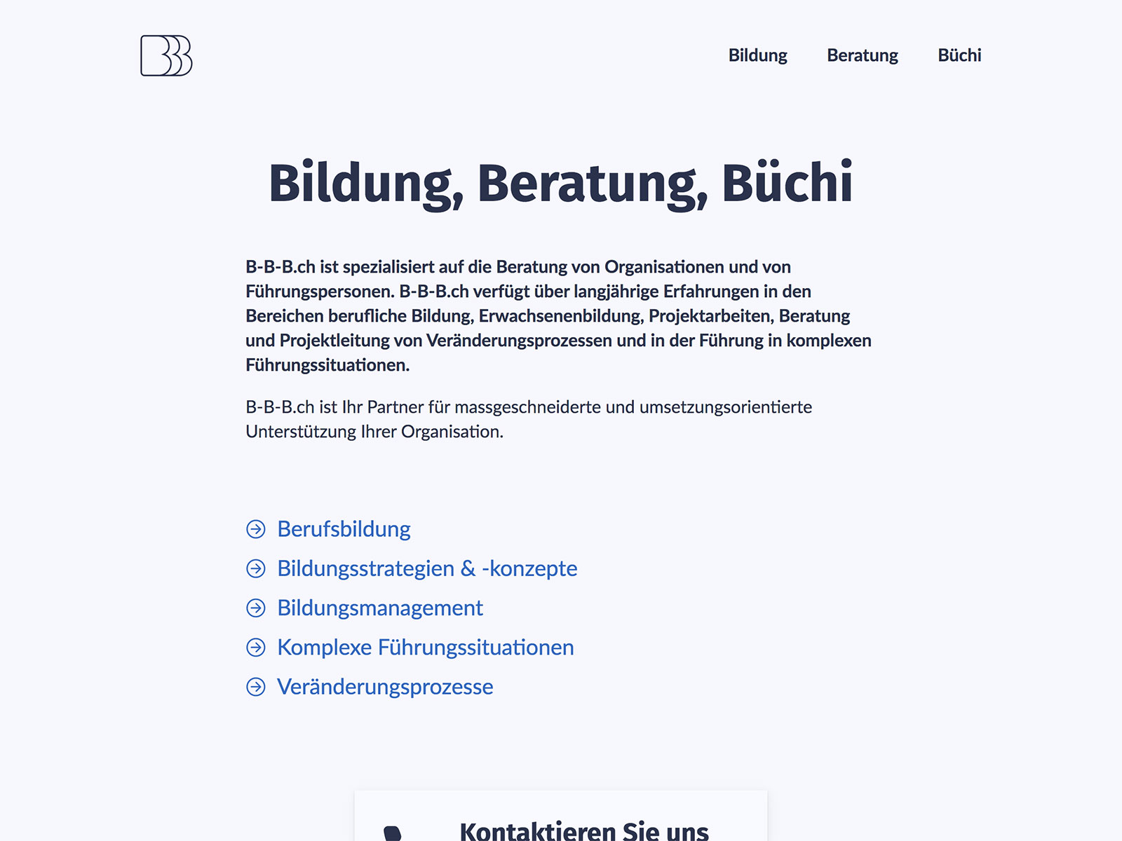 Screenshot der b-b-b.ch Homepage auf einem Desktop Computer