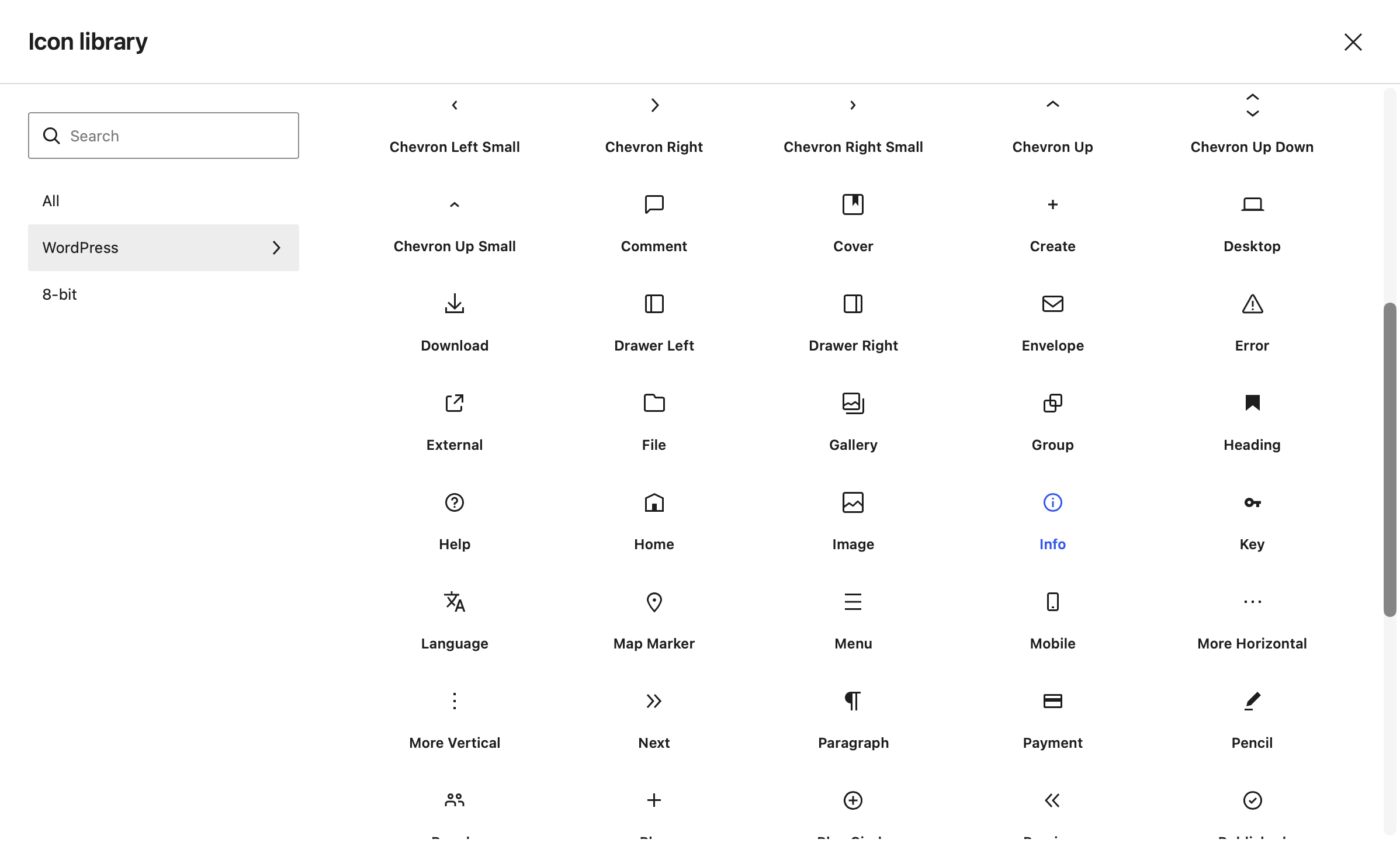 Screenshot der geöffneten Icon library im Editor, wo die Icons ausgewählt werden.